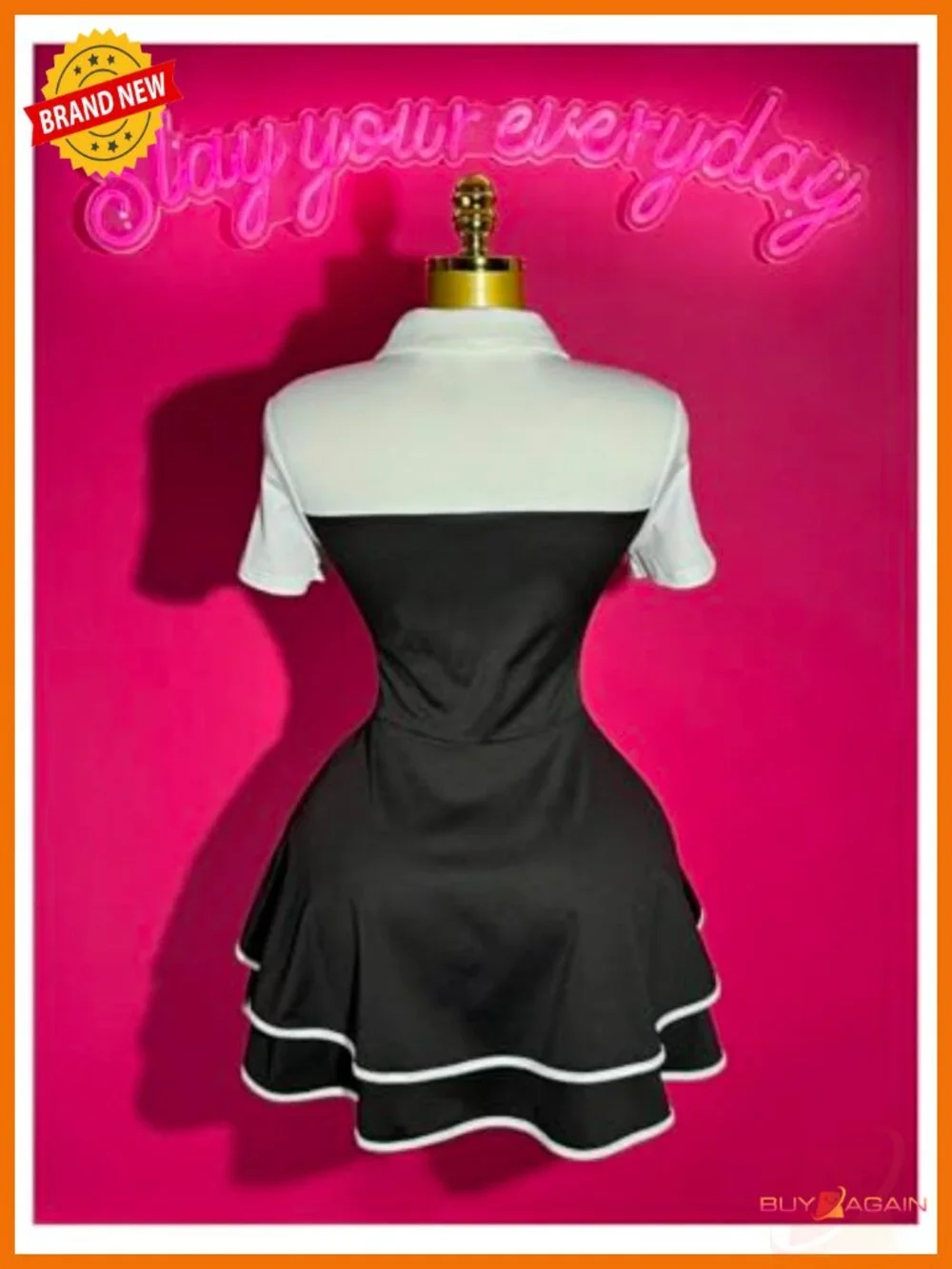 Pearl Tie Ruffle Layered Flowy Preppy Mini Dress Button Front